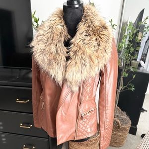 NWT. Faux leather jacket with removable faux fur collar